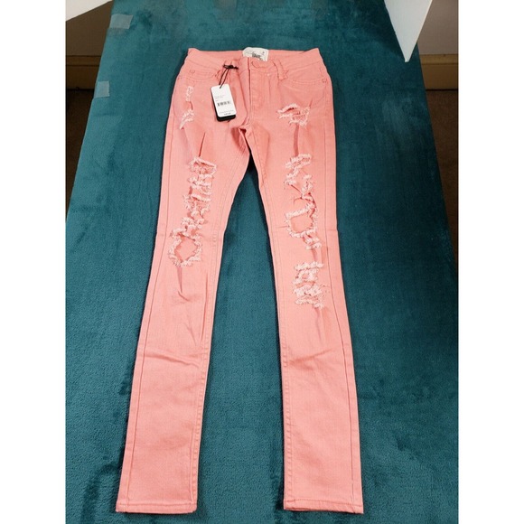 Soho Babe Jeans Sz 1 Womens Pink Mid Rise Skinny Distressed Stretch Ladies NWT - Picture 2 of 13
